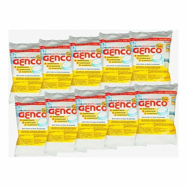 Kit 10 Pastilhas Tabletes Cloro Multipla Ação 3 em 1 T-200 Genco 200gr Kit 10 Pastilhas Tabletes Cloro Multipla Ação 3 em 1 T-200 Genco 200gr